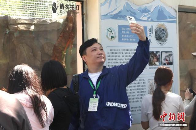 图为参加活动的网络名人在雪豹馆前打卡。中新社记者 张忠苹 摄